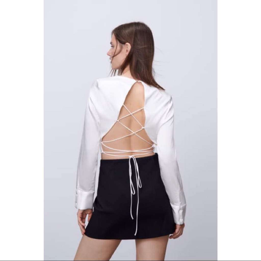 Zara Cropped Long Sleeve Satin Cross Cross Top Ivory Cream M